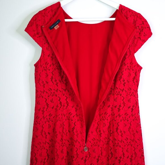 TOMMY HILFIGER Red Lace Cap Sleeve Shift Dress - Size 10 - Picture 10 of 13